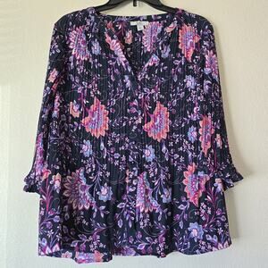 Croft & Barrow Women's Petite XL Floral Button Down Dress Top Purple Career Work
